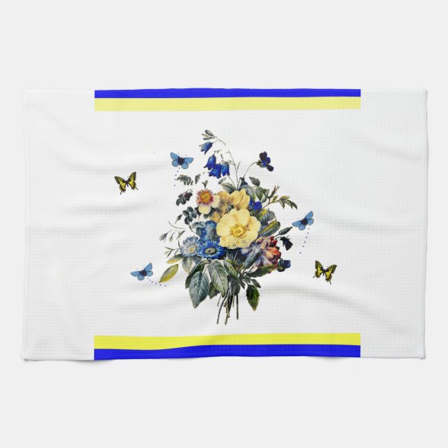 blå och gul blommig kökshandduk (Horisontell)