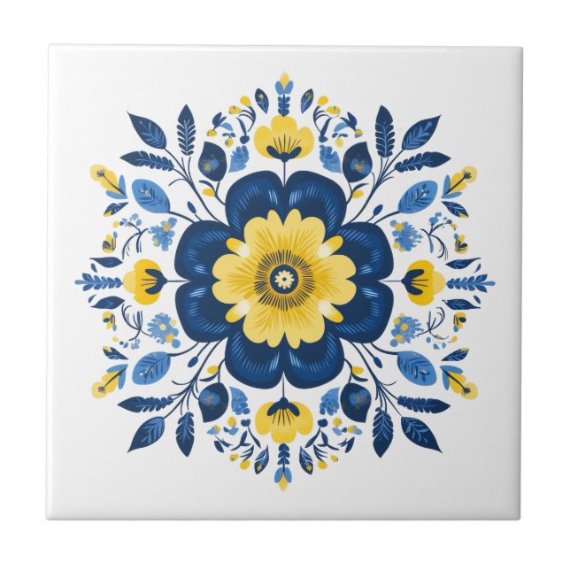 Blå och gul blomster  kakelplatta (Framsidan)