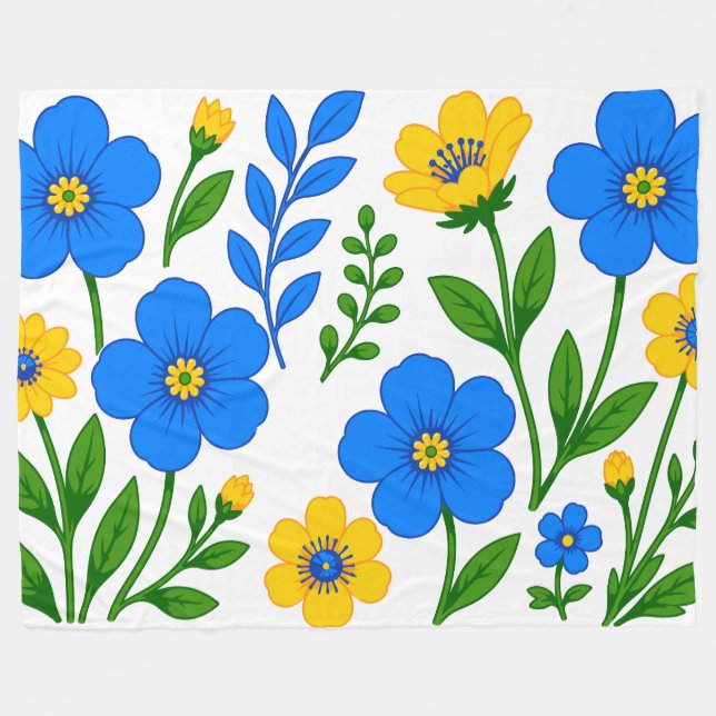 Blå och gul blomsterbotanisk design fleecefilt (Framsidan (Horisontell))
