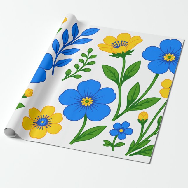 Blå och gul blomsterbotanisk design presentpapper (Utrullad)