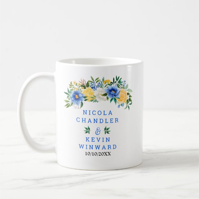 Blå och gul blomsterbröllop kaffemugg (Vänster)