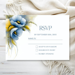 Blå och gul blomsterbröllop RSVP OSA Kort