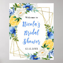Blå och gul blomsterbröllopsfest välkomstskylt