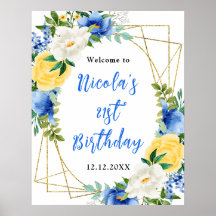 Blå och gul blomsterbukett för välkomsthälsning på