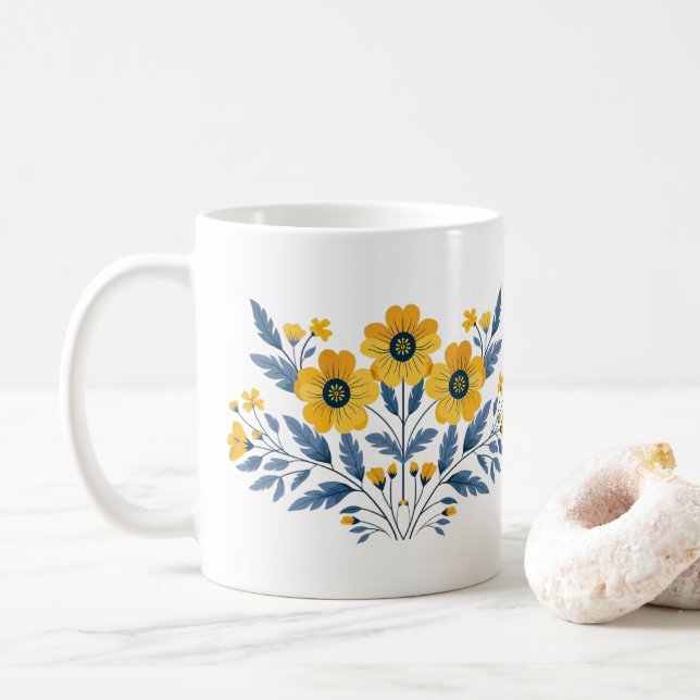 Blå och gul blomsterbukett kaffemugg (Med munk)