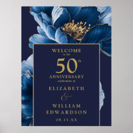 Blå och gul blomsterdekoration 50-årsjubileum välk poster