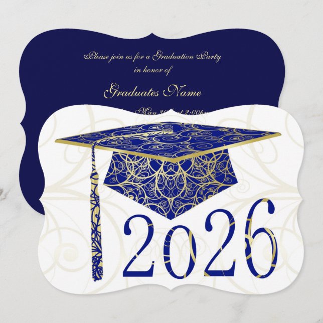 Blå och gul blomsterkåpa 2026 examensfest inbjudningar (Fram/baksida)