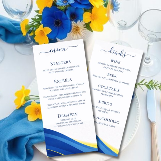 Blå och Gul Bröllops Middag och Bar Meny (Cobalt Blue and Lemon Yellow Wedding Dinner and Bar Menu)