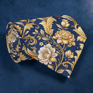 Blå och gul damask blomstertryckt specialbeställd slips