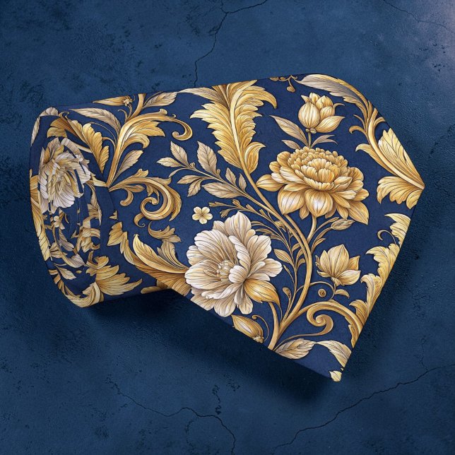 Blå och gul damask blomstertryckt specialbeställd  slips (Skapare uppladdad)