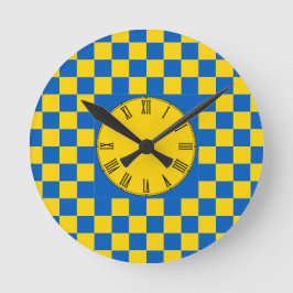 Blå och gul färg fyrkantig / rutig mönster Roun Rund Klocka