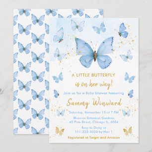 Blå och gul fjäril baby shower inbjudningar