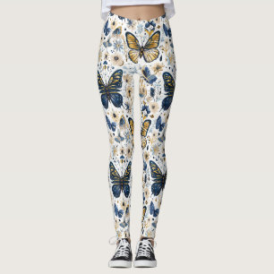 Blå och gul fjäril blommande damleggings leggings