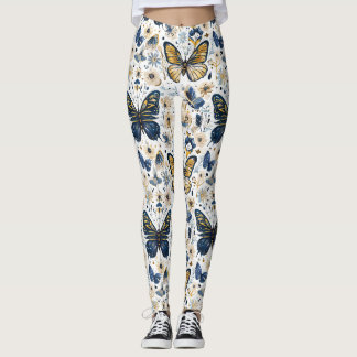 Blå och gul fjäril blommande damleggings leggings