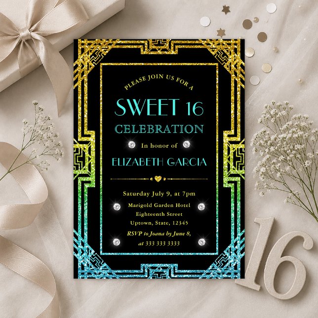 Blå och gul glitter Art Deco-ram Sweet 16 Inbjudningar (Skapare uppladdad)