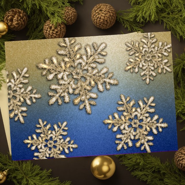 Blå och gul glittrande julkort med snöflinga helgkort (Skapare uppladdad)
