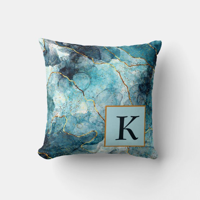 Blå och gul glittrig marmorerad monogram-kastkudde kudde (Framsida)
