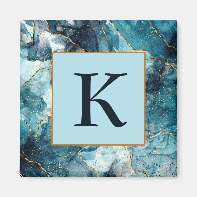 Blå och gul glittrig marmorerad monogram magnet (Framsidan)