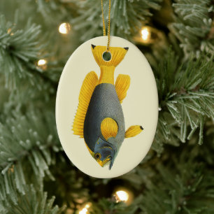 Blå och gul grouperfisk, gammal marin fauna julgransprydnad keramik