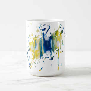 Blå och gul handgjord konst kaffemugg