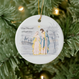 Blå och gul Maria, Josef och Jesus semester  Julgransprydnad Keramik