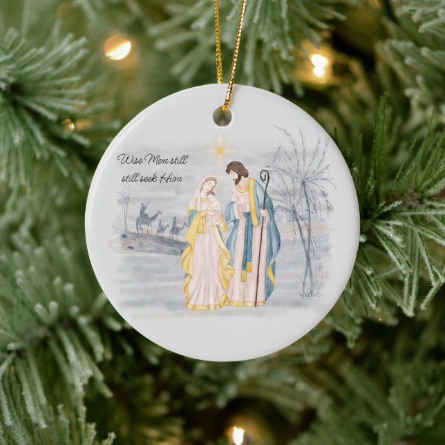 Blå och gul Maria, Josef och Jesus semester  Julgransprydnad Keramik (Träd)