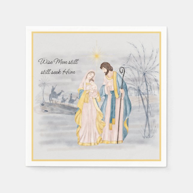 Blå och gul Maria, Josef och Jesus semester  Pappersservett (Framsidan)