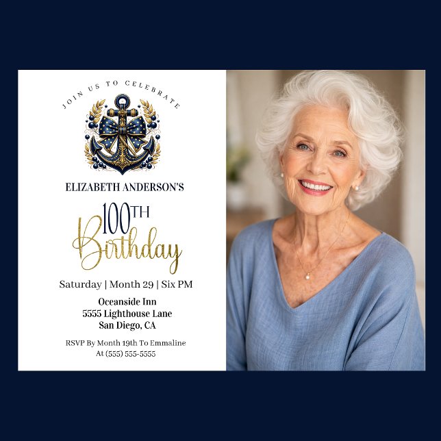 Blå och gul nautisk ankar 100-års födelsedagsfoto inbjudningar (Navy and gold nautical anchor 100th birthday photo invitation with elegant coastal theme)