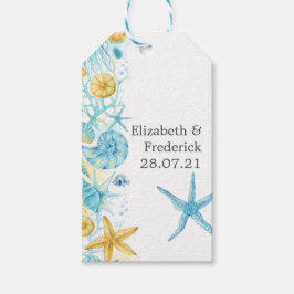 Blå och gul nautisk bröllopsdekoration för havsliv presentetikett
