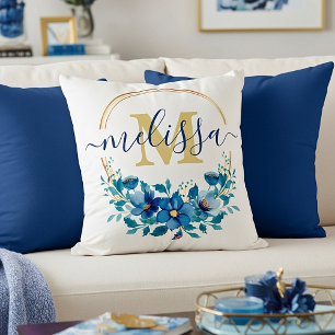 Blå och gul personlig blomsterkrans kudde