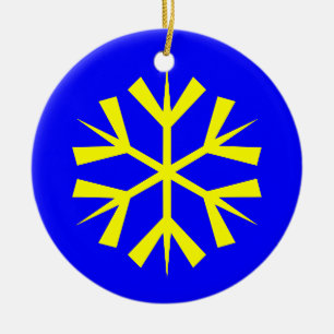 Blå och gul snöflinga julgransprydnad keramik