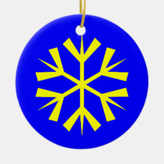 Blå och gul snöflinga julgransprydnad keramik