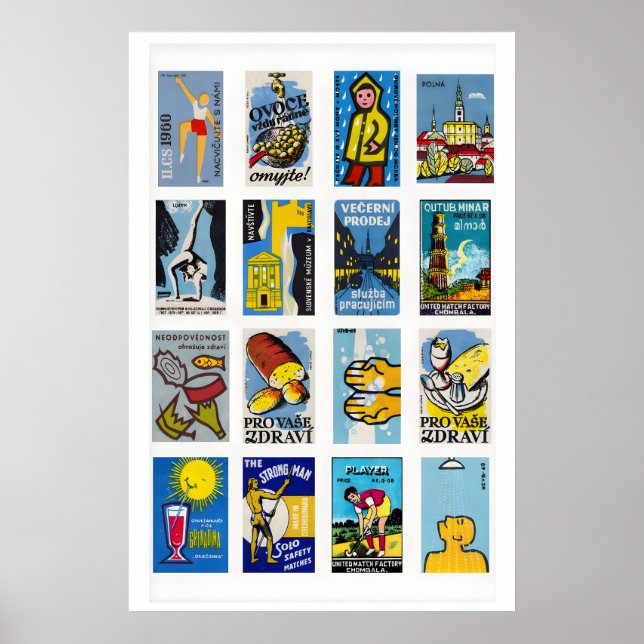 Blå och gul tändsticksask etikett collage, mitten poster (Framsidan)