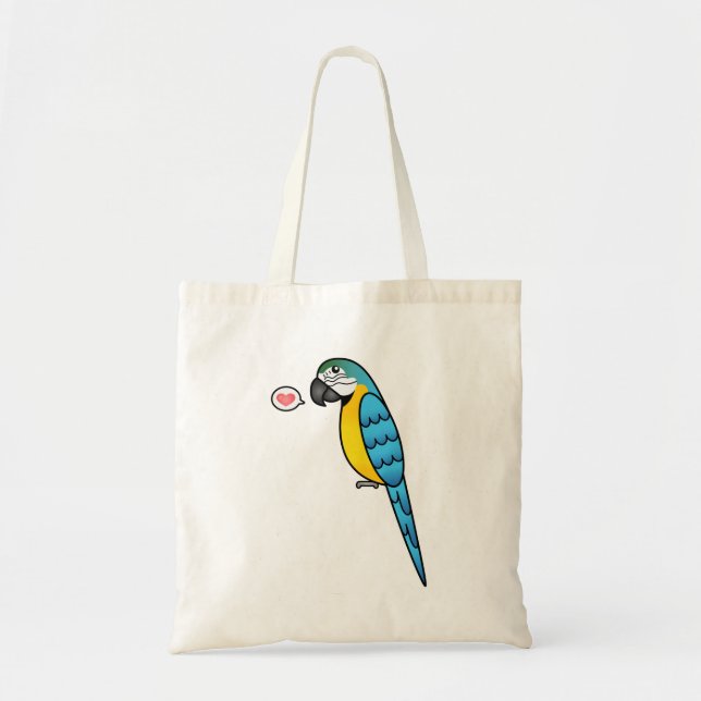Blå Och Gul Tecknad Macaw-Papegoja Fågel Kärlek Tygkasse (Framsidan)
