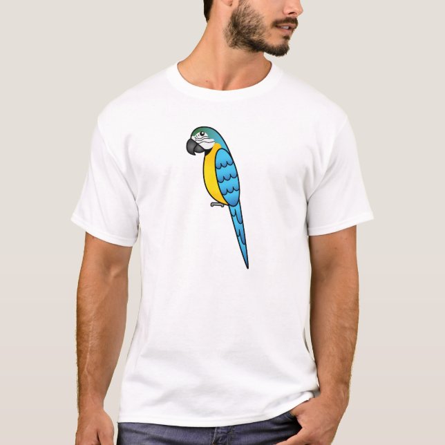 Blå Och Gul Tecknad Macaw-Papegoja Fågel Tee (Framsida)