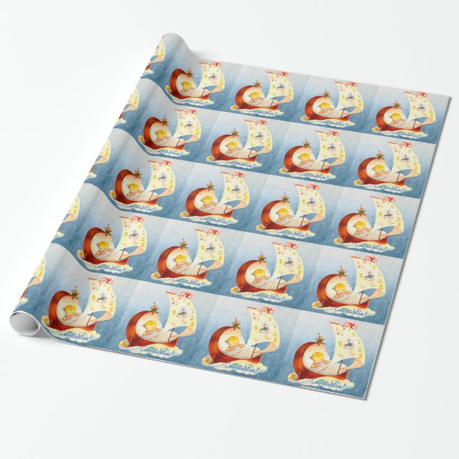 Blå och gul vintage babyshowpresentpapper presentpapper (Utrullad)
