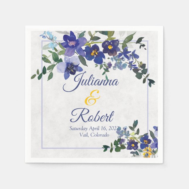 Blå och gula akvarellblommiga bröllopsservetter pappersservett (Framsidan)