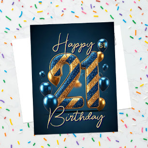 Blå och Gula Ballonger och Ränder 21-årsdag Vykort