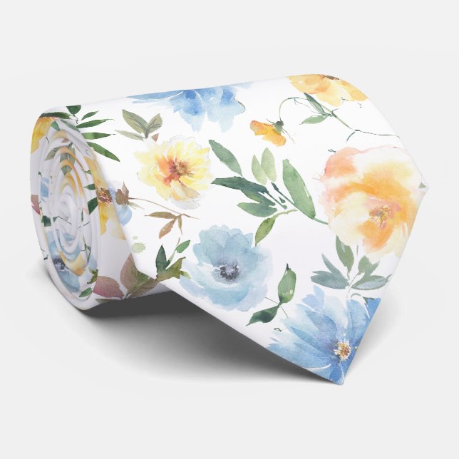 Blå och gula blommiga halsduk slips (Rullad)