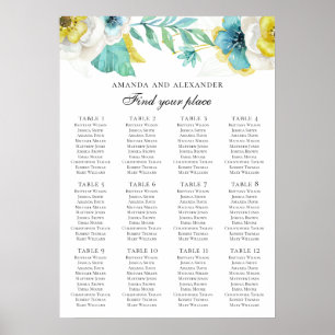 Blå och gula blommor. Bröllop-sätesdiagram Poster