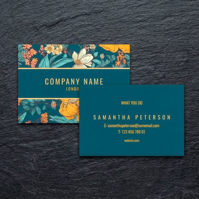 Blå och gula blommor, guld gräns visitkort (Blue and yellow flowers, gold border business card.)