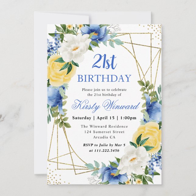 Blå och gula blommor Guld ram 21-årsdag Inbjudningar (Framsida)