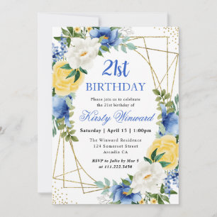 Blå och gula blommor Guld ram 21-årsdag Inbjudningar