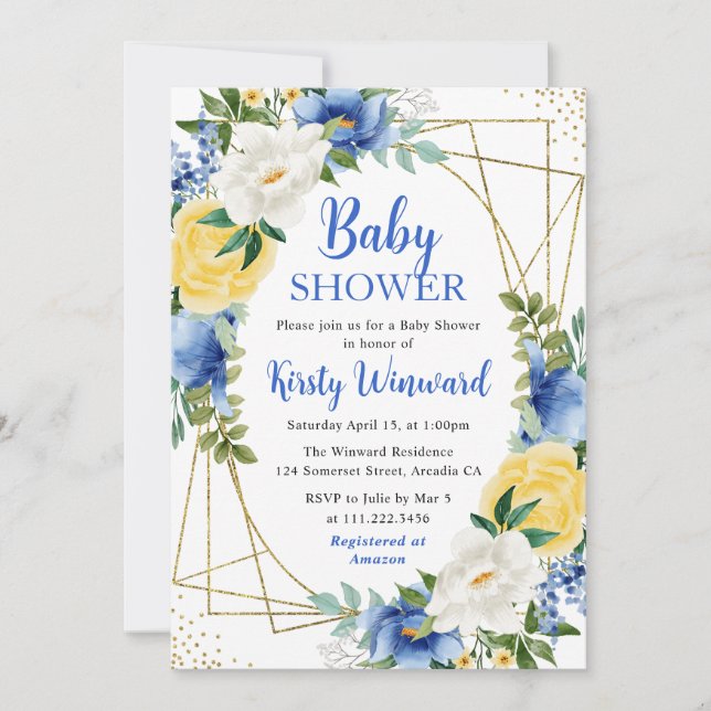 Blå och gula blommor Guld ram Baby Shower Inbjudningar (Framsida)