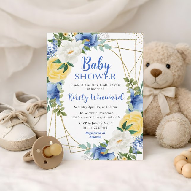 Blå och gula blommor & guld ram baby shower inbjudningar (Skapare uppladdad)