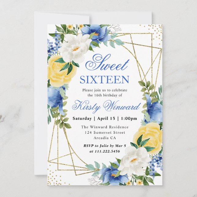 Blå och Gula blommor Guld Ram Sweet 16 Inbjudningar (Framsida)