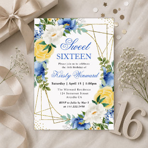 Blå och gula blommor Guld ram Sweet 16 Inbjudningar