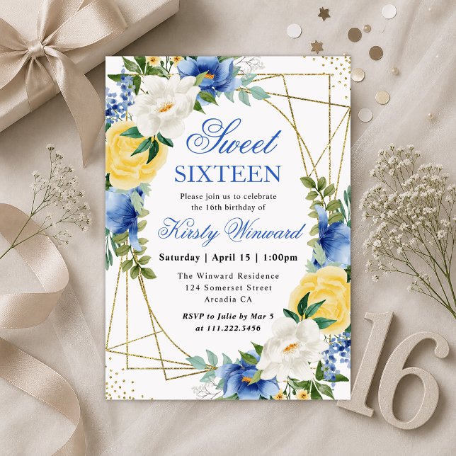 Blå och gula blommor Guld ram Sweet 16 Inbjudningar (Skapare uppladdad)