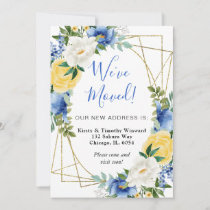 Blå och gula blommor Guld ram Vi har flyttat Meddelande