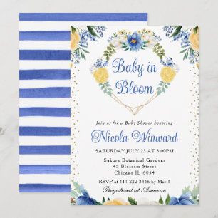 Blå och gula blommor Hjärtkrans Baby Shower Inbjudningar